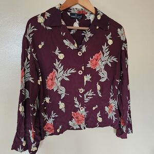 Vintage Carol Little Floral Button Front Blouse L Burgundy Office Career 90s